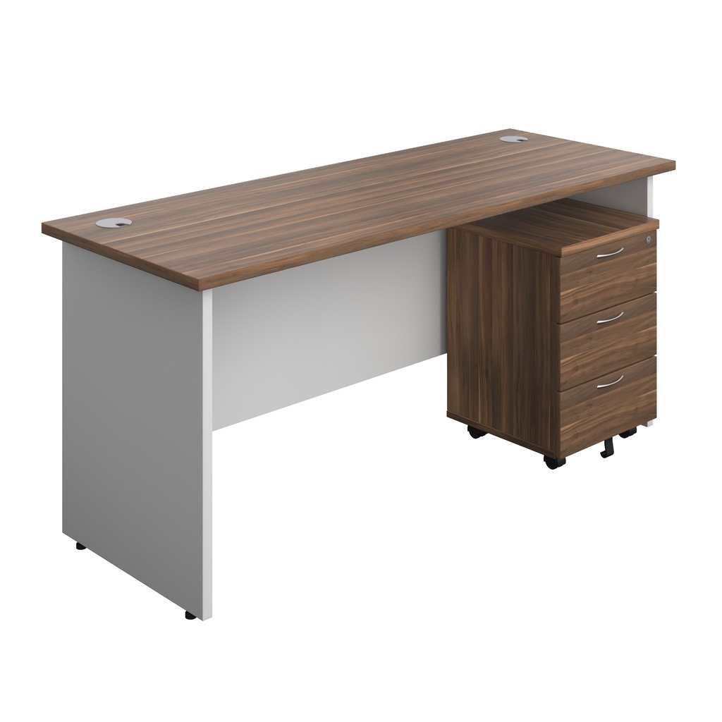 Panel Plus Rectangular Desk + 3 Drawer Mobile Pedestal Bundle (FSC) | 1600X600 | Dark Walnut/White | 