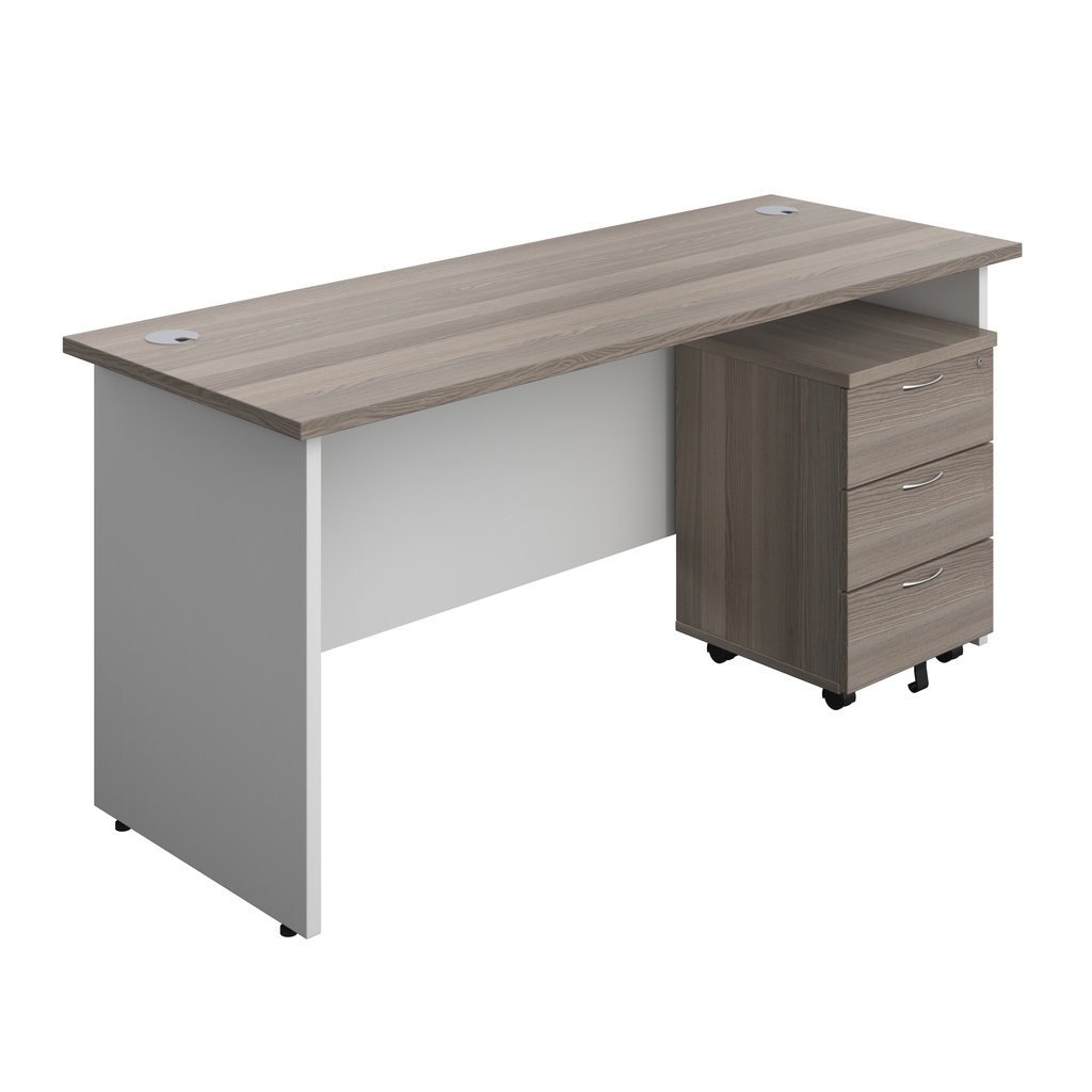 Panel Plus Rectangular Desk + 3 Drawer Mobile Pedestal Bundle (FSC) | 1600X600 | Grey Oak/White | 