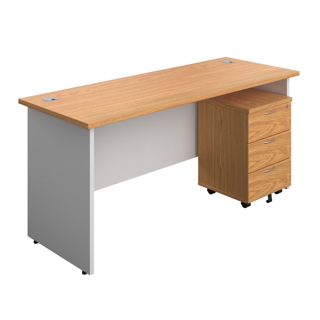 Panel Plus Rectangular Desk + 3 Drawer Mobile Pedestal Bundle (FSC) | 1600X600 | Nova Oak/White | 