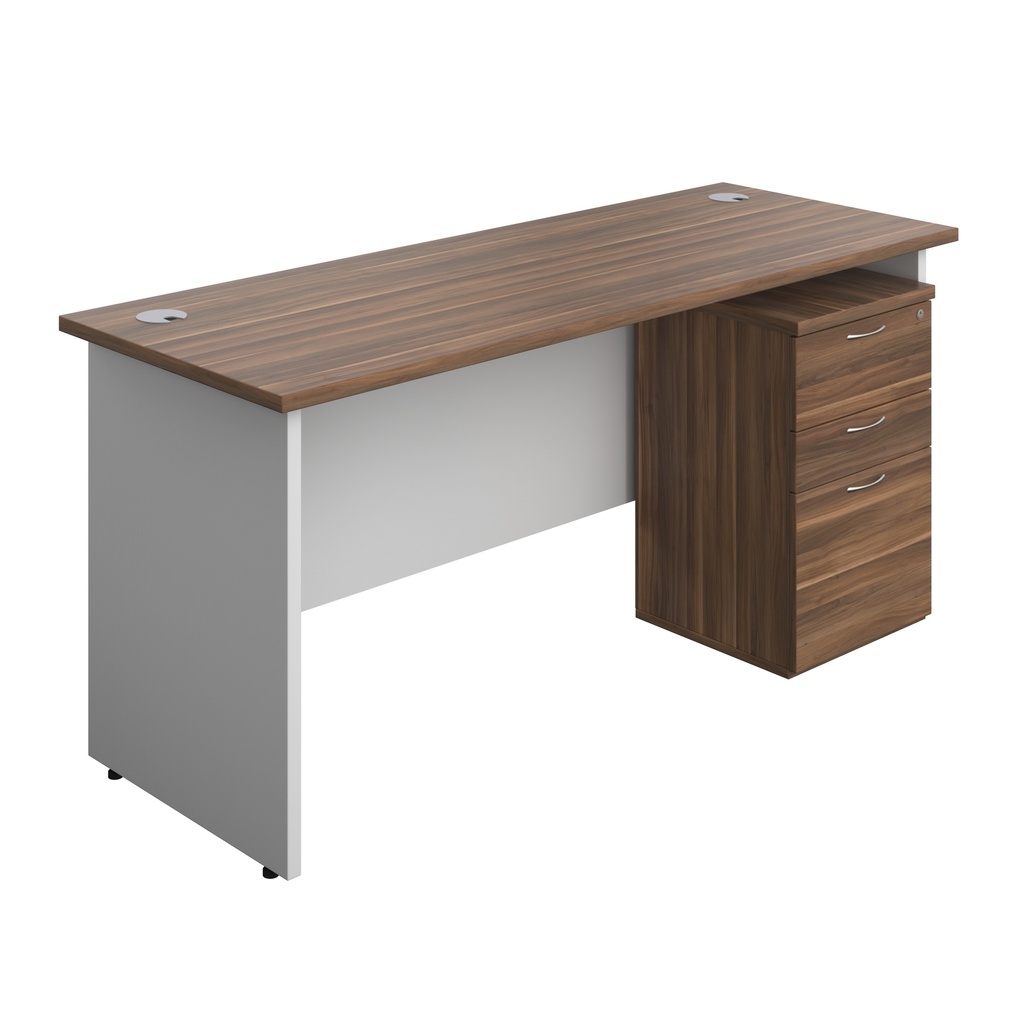 Panel Plus Rectangular Desk + 3 Drawer High Mobile Pedestal Bundle (FSC) | 1600X600 | Dark Walnut/White | 