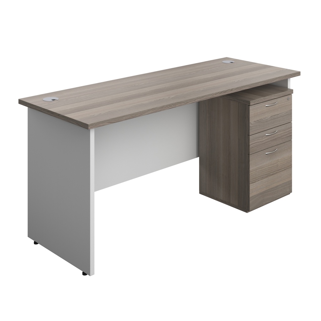 Panel Plus Rectangular Desk + 3 Drawer High Mobile Pedestal Bundle (FSC) | 1600X600 | Grey Oak/White | 
