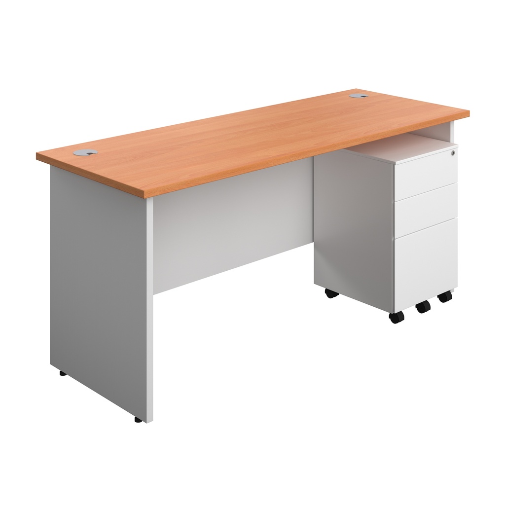 Panel Plus Rectangular Desk + 3 Drawer Steel Pedestal Bundle (FSC) | 1600X600 | Beech/White | 