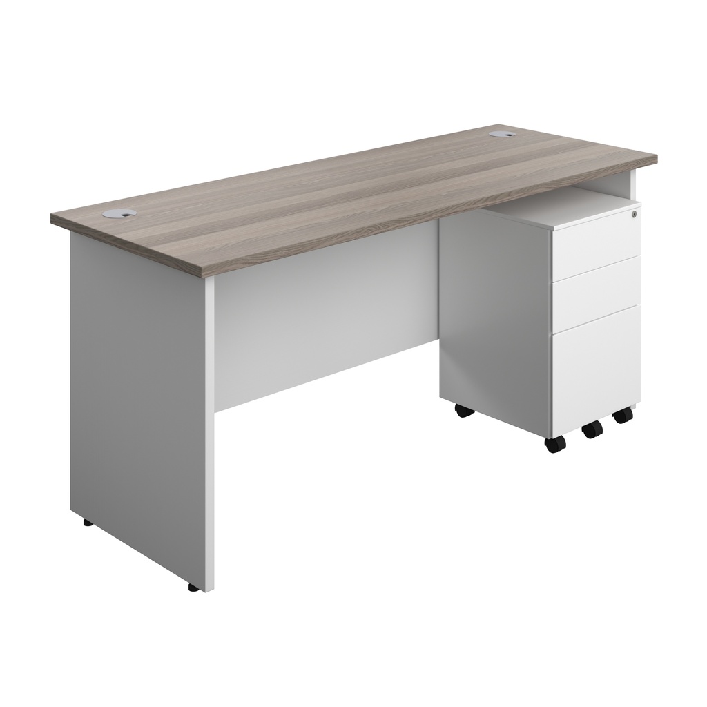 Panel Plus Rectangular Desk + 3 Drawer Steel Pedestal Bundle (FSC) | 1600X600 | Grey Oak/White | 