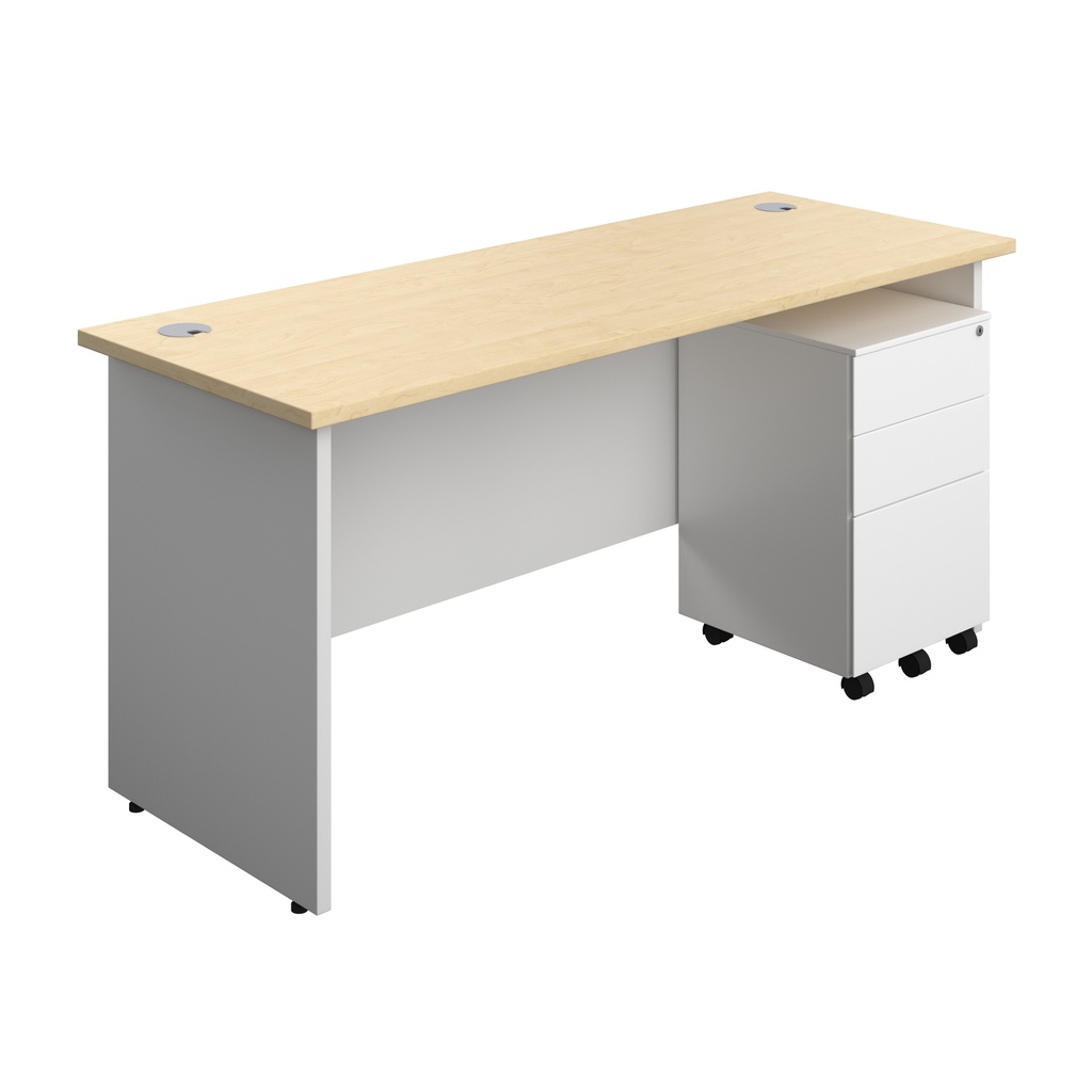 Panel Plus Rectangular Desk + 3 Drawer Steel Pedestal Bundle (FSC) | 1600X600 | Maple/White | 