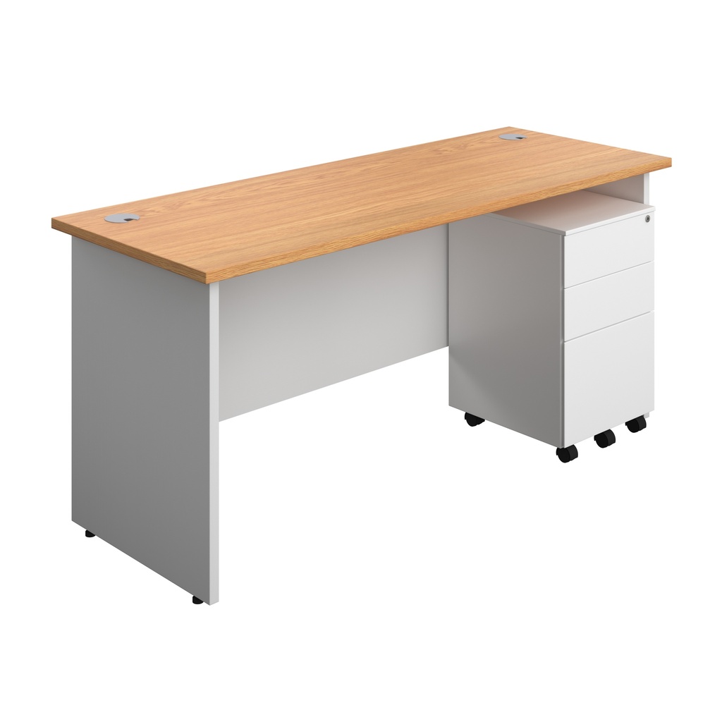 Panel Plus Rectangular Desk + 3 Drawer Steel Pedestal Bundle (FSC) | 1600X600 | Nova Oak/White | 