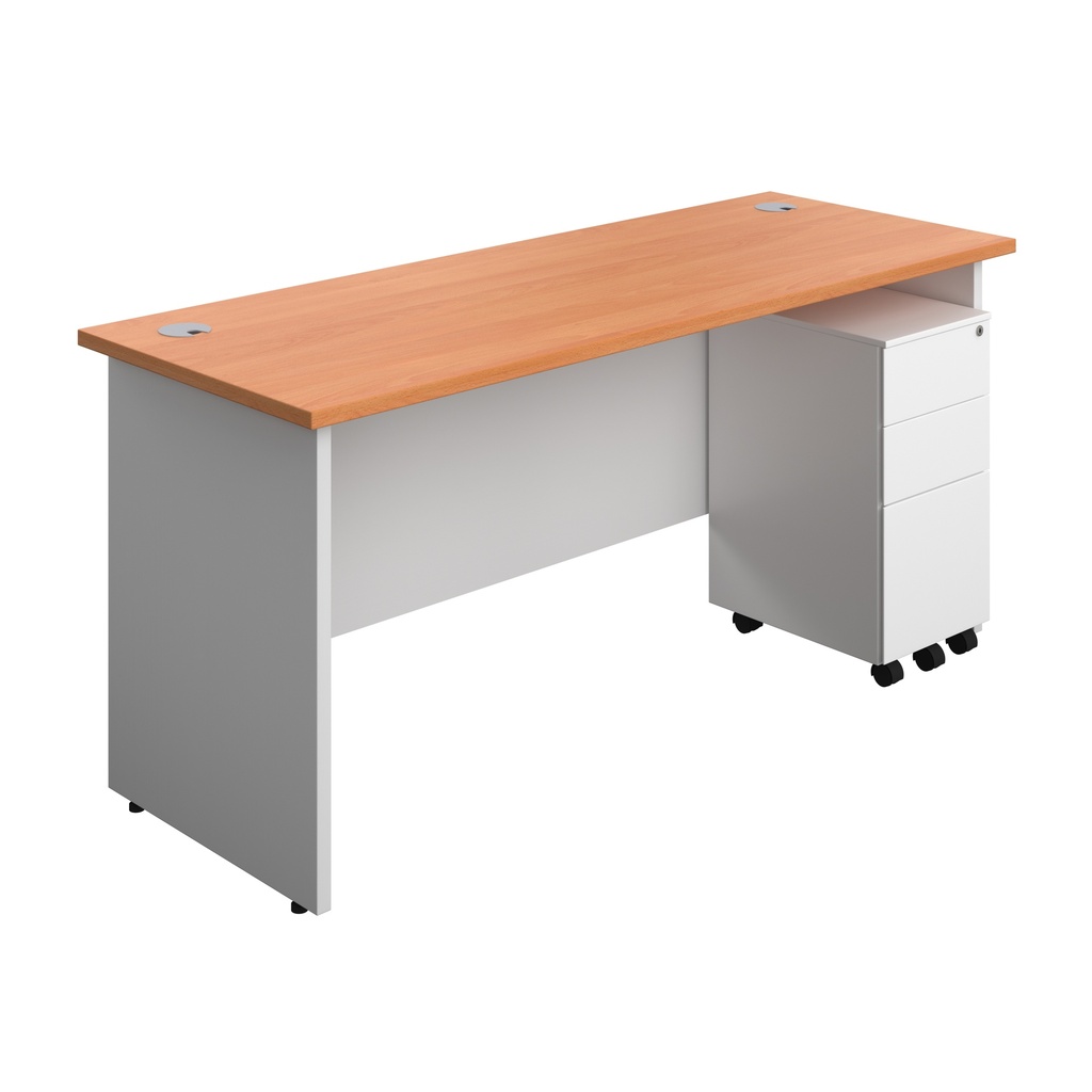Panel Plus Rectangular Desk + 3 Drawer Slimline Steel Pedestal Bundle (FSC) | 1600X600 | Beech/White | 