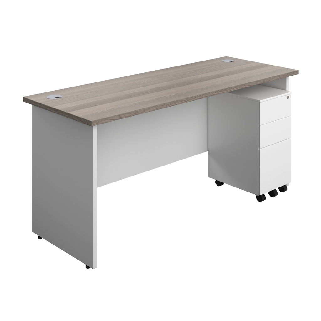 Panel Plus Rectangular Desk + 3 Drawer Slimline Steel Pedestal Bundle (FSC) | 1600X600 | Grey Oak/White | 