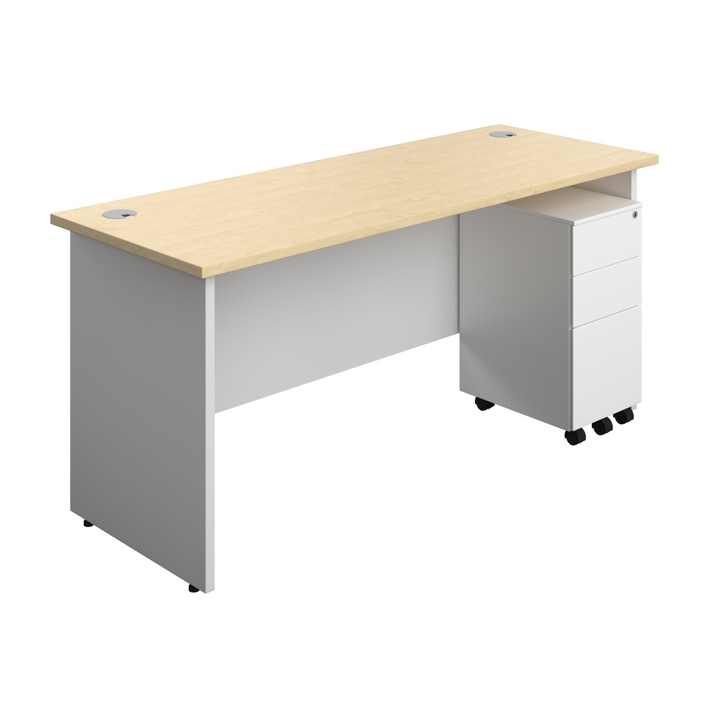 Panel Plus Rectangular Desk + 3 Drawer Slimline Steel Pedestal Bundle (FSC) | 1600X600 | Maple/White | 