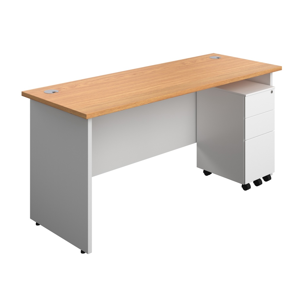 Panel Plus Rectangular Desk + 3 Drawer Slimline Steel Pedestal Bundle (FSC) | 1600X600 | Nova Oak/White | 