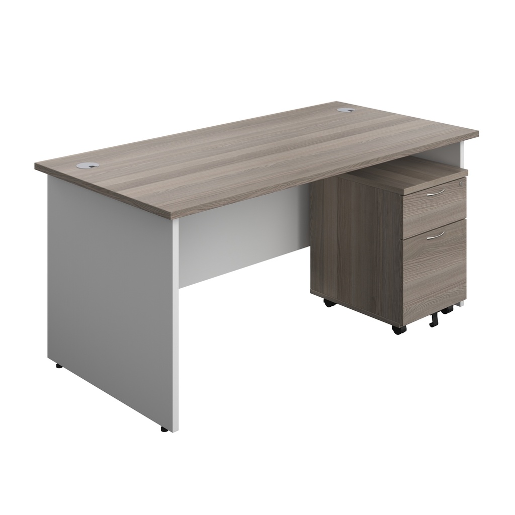 Panel Plus Rectangular Desk + 2 Drawer Mobile Pedestal Bundle (FSC) | 1600X800 | Grey Oak/White | 