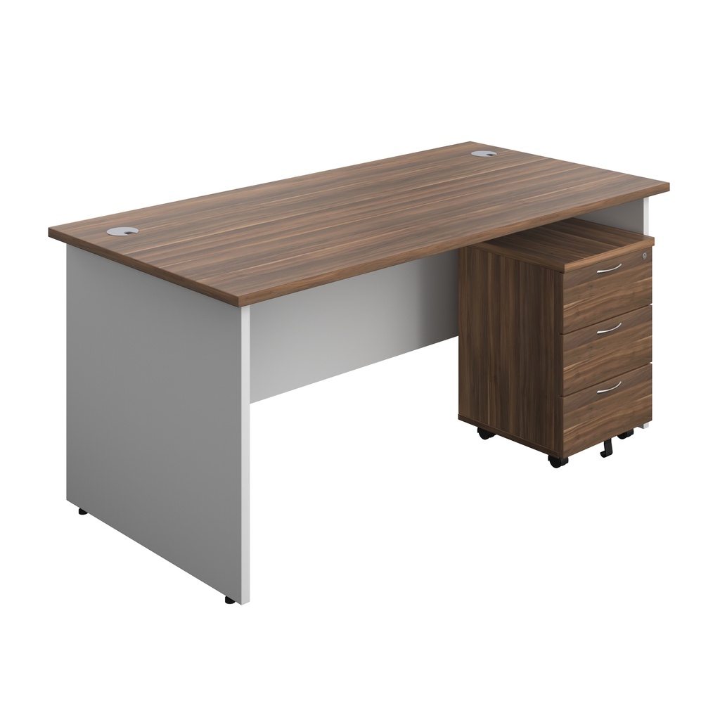 Panel Plus Rectangular Desk + 3 Drawer Mobile Pedestal Bundle (FSC) | 1600X800 | Dark Walnut/White | 