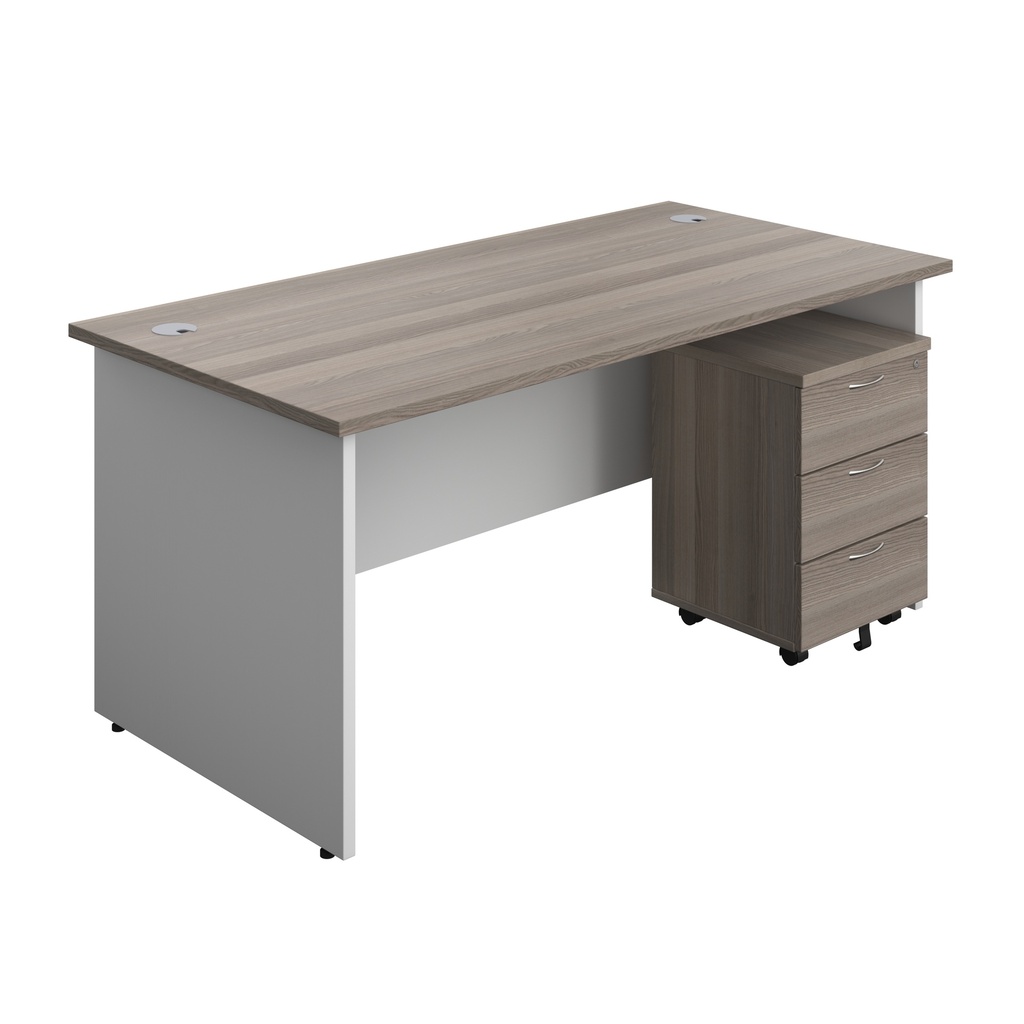 Panel Plus Rectangular Desk + 3 Drawer Mobile Pedestal Bundle (FSC) | 1600X800 | Grey Oak/White | 