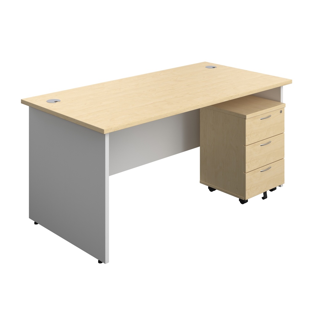 Panel Plus Rectangular Desk + 3 Drawer Mobile Pedestal Bundle (FSC) | 1600X800 | Maple/White | 