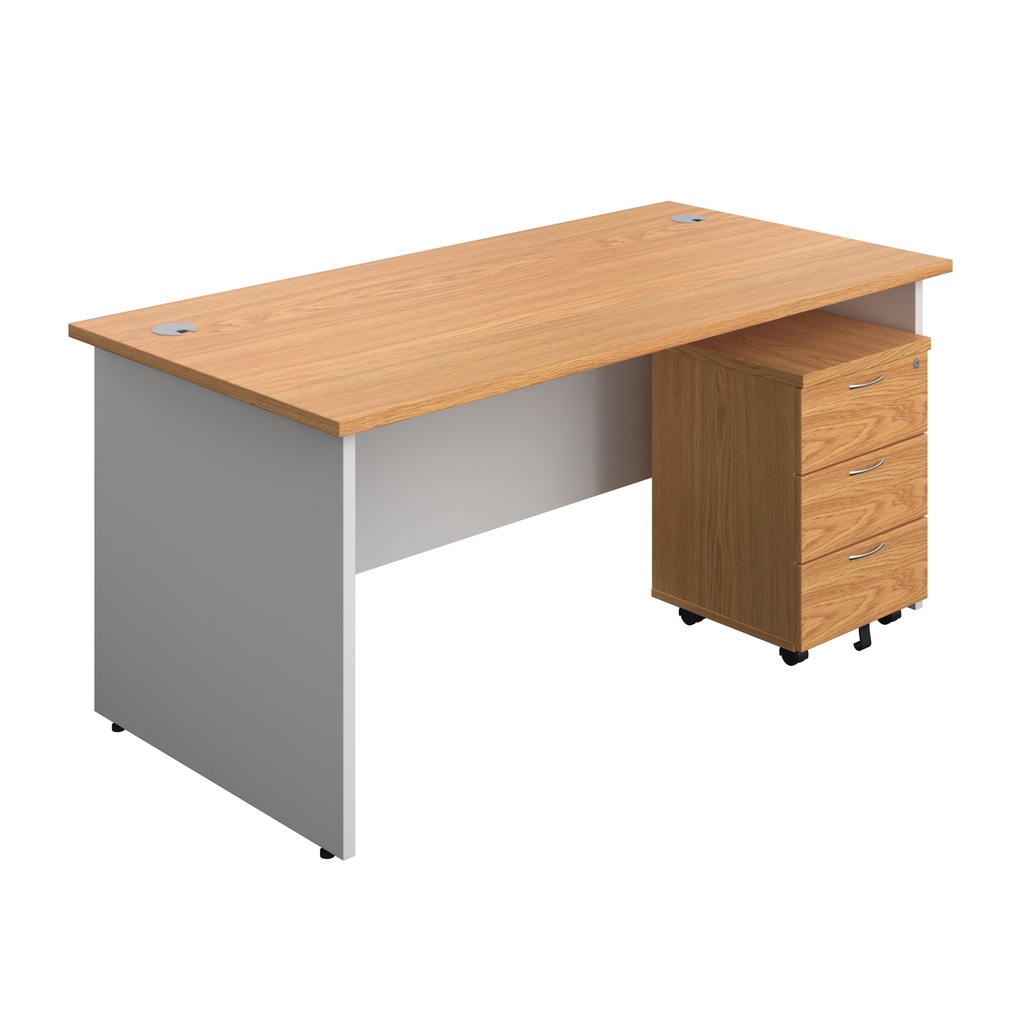 Panel Plus Rectangular Desk + 3 Drawer Mobile Pedestal Bundle (FSC) | 1600X800 | Nova Oak/White | 