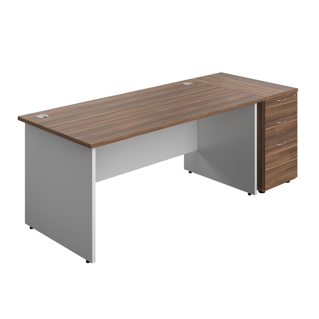 Panel Plus Rectangular Desk + Matching 3 Drawer Desk High Pedestal Bundle (FSC) | 800 Pedestal | 1600X800 | Dark Walnut/White