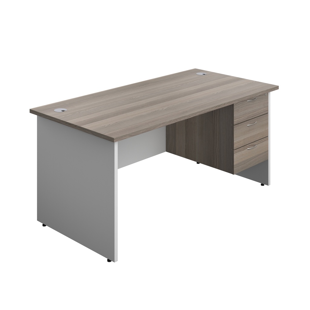 Panel Plus Rectangular Desk + 3 Drawer Fixed Pedestal Bundle (FSC) | 1600X800 | Grey Oak/White | 
