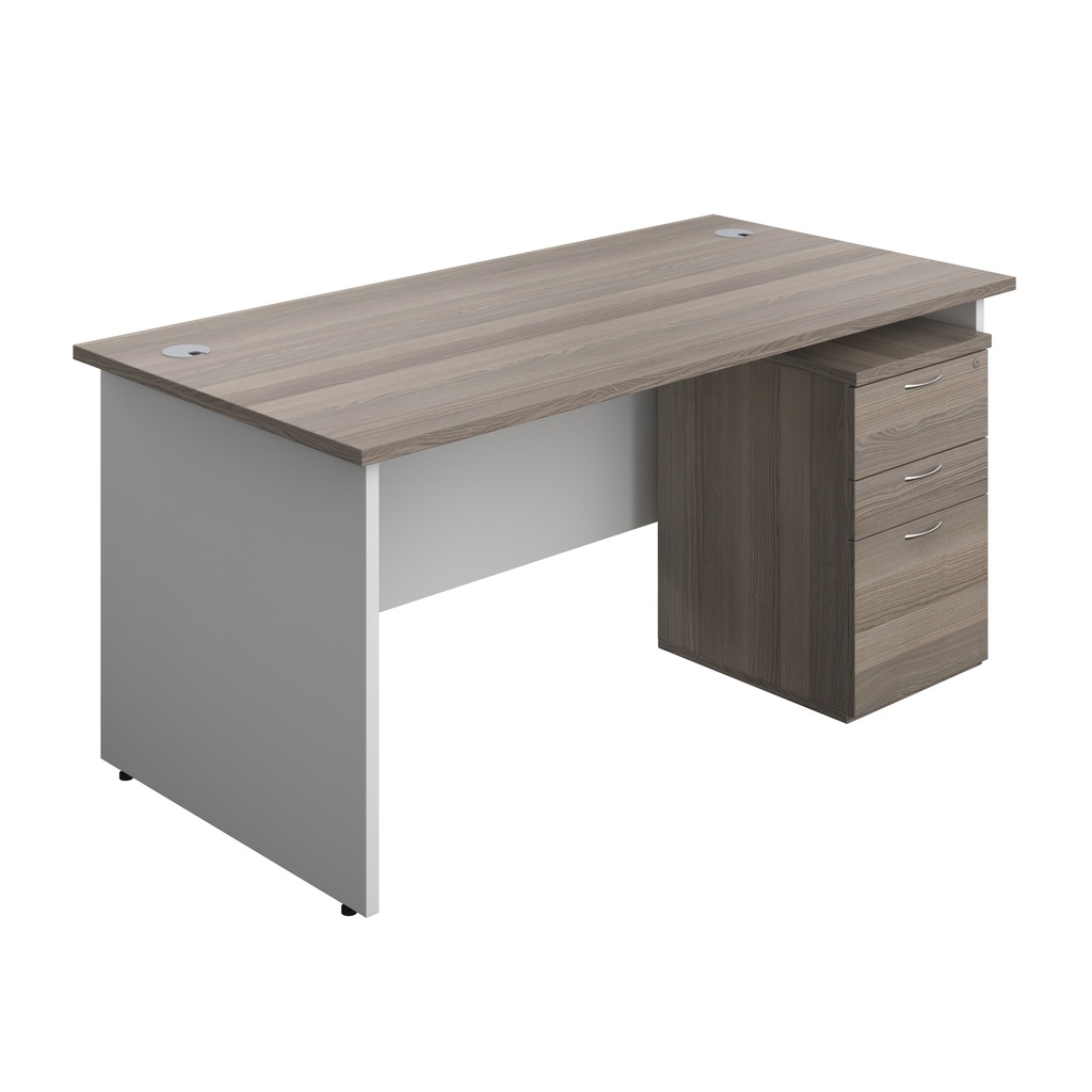 Panel Plus Rectangular Desk + 3 Drawer High Mobile Pedestal Bundle (FSC) | 1600X800 | Grey Oak/White | 