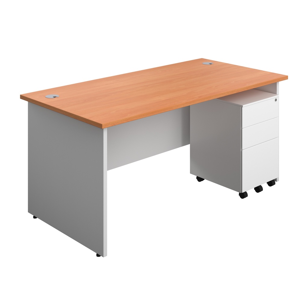 Panel Plus Rectangular Desk + 3 Drawer Steel Pedestal Bundle (FSC) | 1600X800 | Beech/White | 
