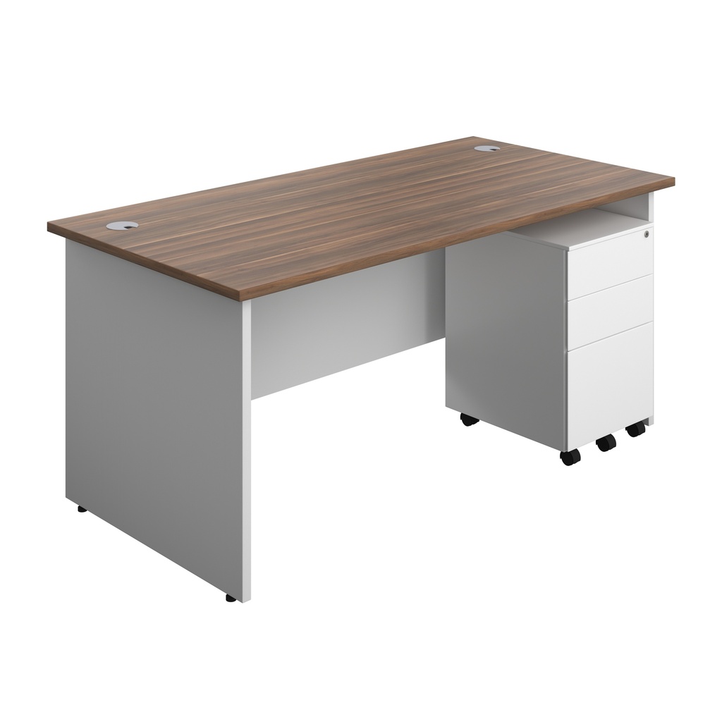 Panel Plus Rectangular Desk + 3 Drawer Steel Pedestal Bundle (FSC) | 1600X800 | Dark Walnut/White | 