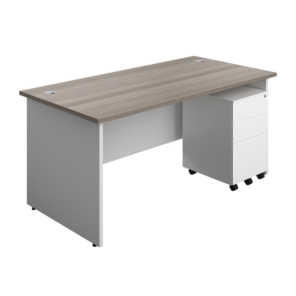 Panel Plus Rectangular Desk + 3 Drawer Steel Pedestal Bundle (FSC) | 1600X800 | Grey Oak/White | 
