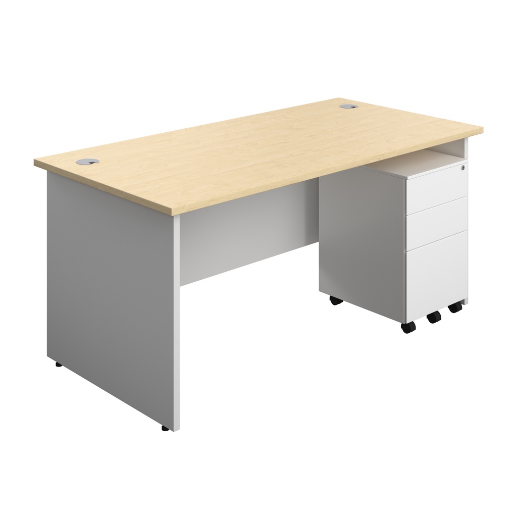 Panel Plus Rectangular Desk + 3 Drawer Steel Pedestal Bundle (FSC) | 1600X800 | Maple/White | 