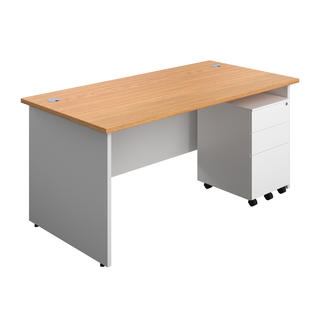 Panel Plus Rectangular Desk + 3 Drawer Steel Pedestal Bundle (FSC) | 1600X800 | Nova Oak/White | 