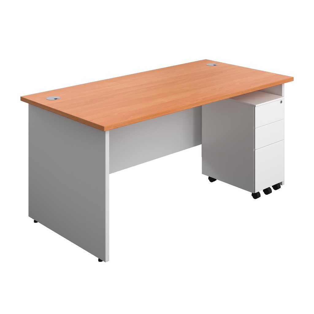 Panel Plus Rectangular Desk + 3 Drawer Slimline Steel Pedestal Bundle (FSC) | 1600X800 | Beech/White | 