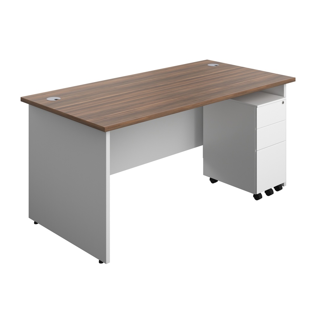 Panel Plus Rectangular Desk + 3 Drawer Slimline Steel Pedestal Bundle (FSC) | 1600X800 | Dark Walnut/White | 