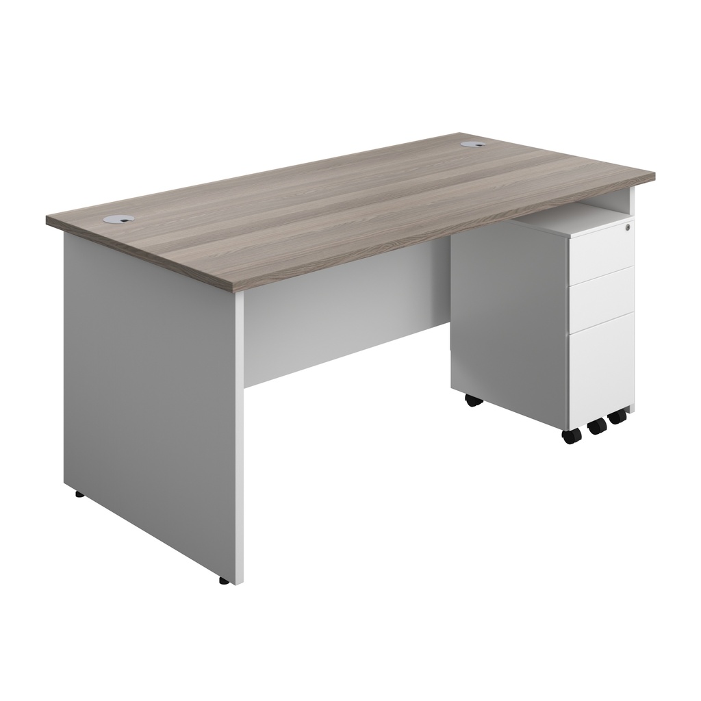 Panel Plus Rectangular Desk + 3 Drawer Slimline Steel Pedestal Bundle (FSC) | 1600X800 | Grey Oak/White | 