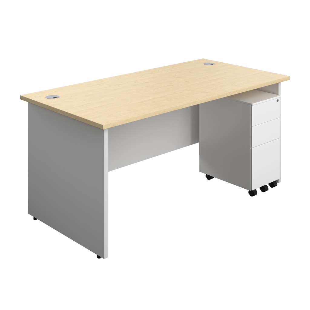 Panel Plus Rectangular Desk + 3 Drawer Slimline Steel Pedestal Bundle (FSC) | 1600X800 | Maple/White | 