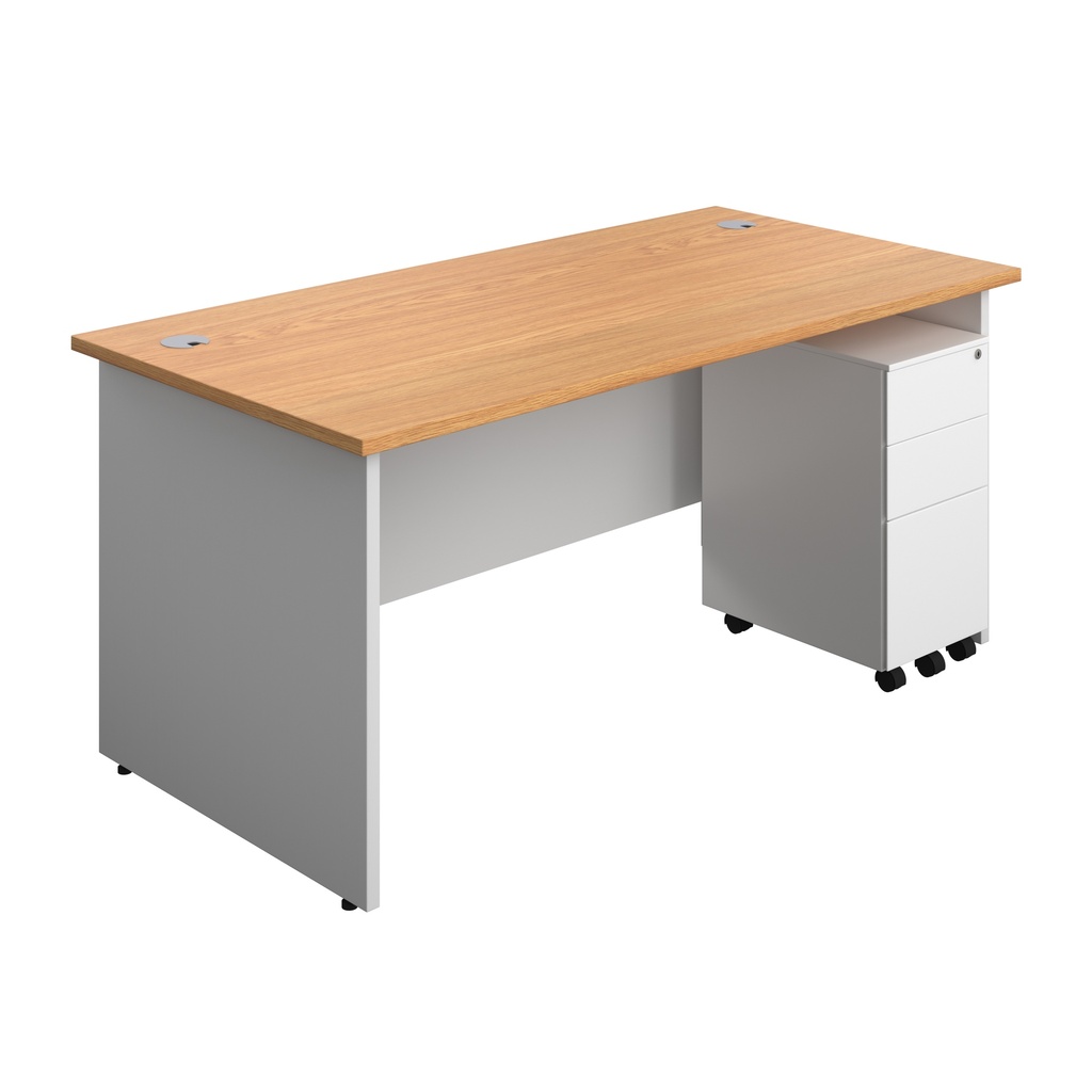 Panel Plus Rectangular Desk + 3 Drawer Slimline Steel Pedestal Bundle (FSC) | 1600X800 | Nova Oak/White | 