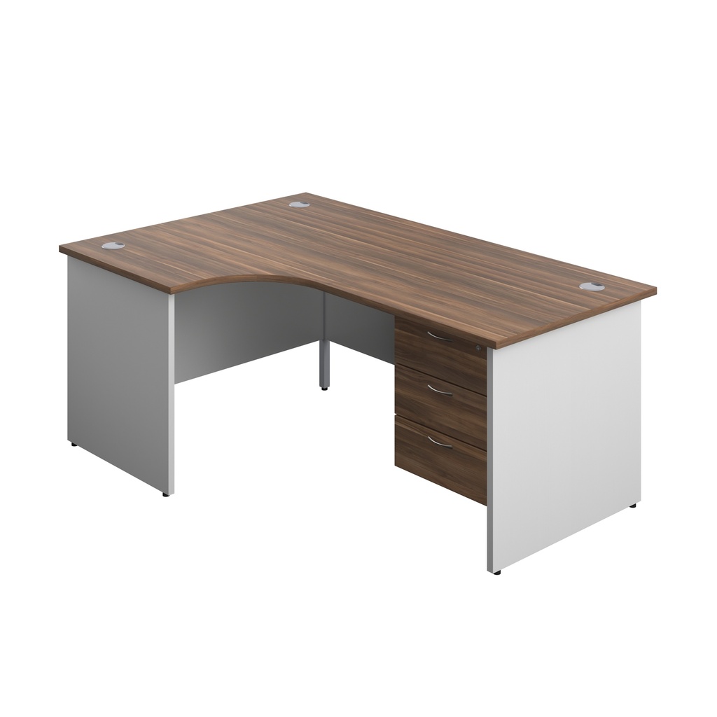 Panel Plus Left Radial Desk + 3 Drawer Fixed Pedestal Bundle (FSC) | 1800X1200 | Dark Walnut/White | 