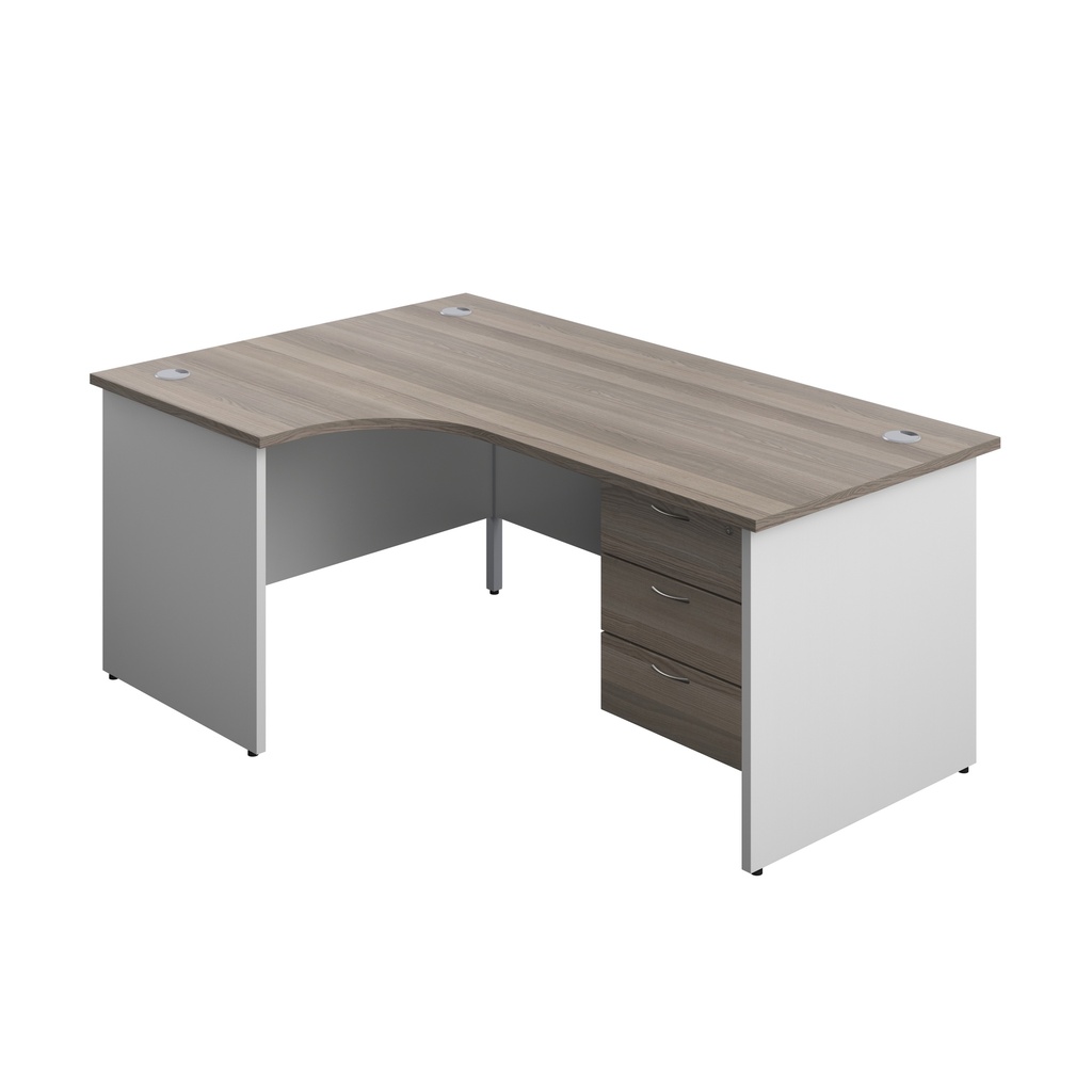 Panel Plus Left Radial Desk + 3 Drawer Fixed Pedestal Bundle (FSC) | 1800X1200 | Grey Oak/White | 