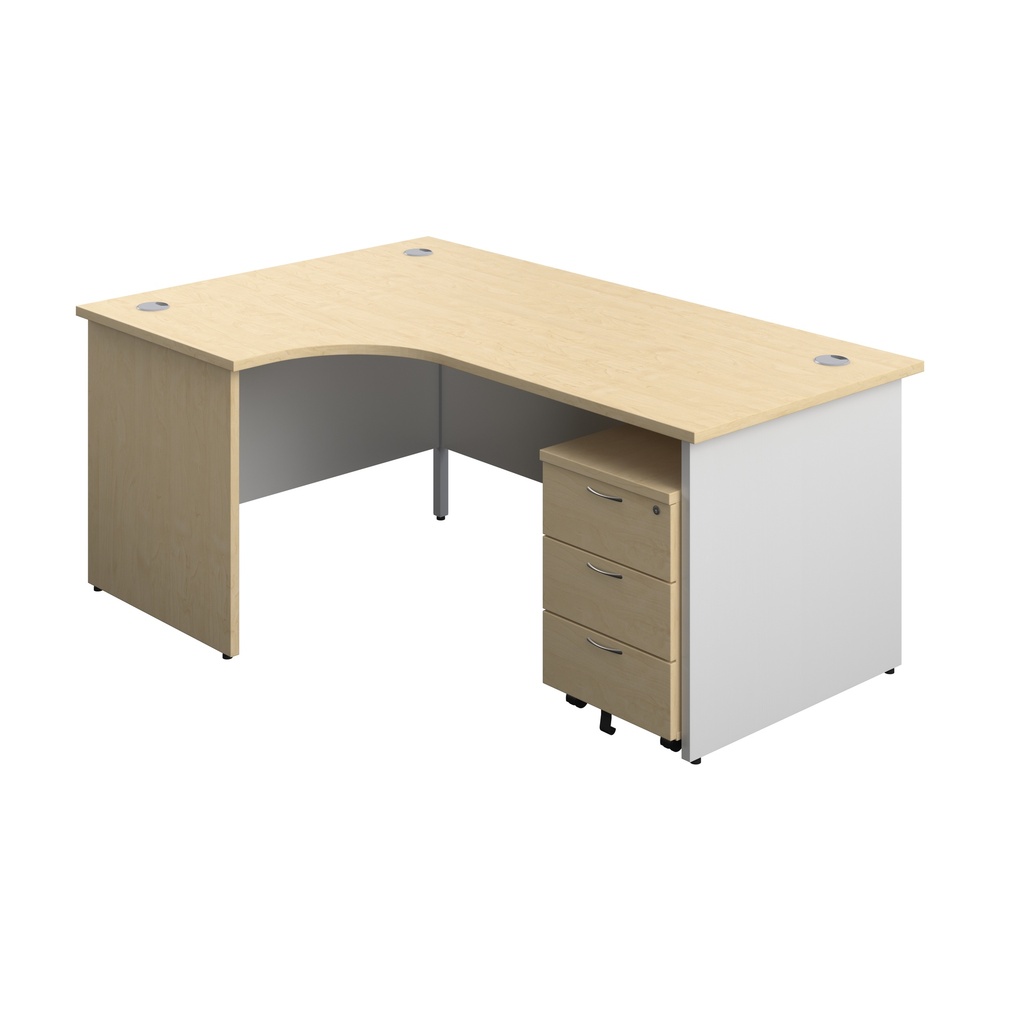 Panel Plus Left Radial Desk + 3 Drawer Mobile Pedestal Bundle (FSC) | 1800X1200 | Maple/White | 