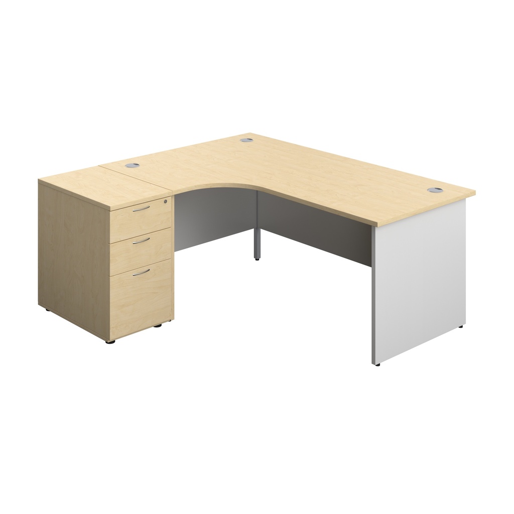 Panel Plus Left Radial Desk + Matching 3 Drawer Desk High Pedestal Bundle (FSC) | 600 Pedestal | 1800X1200 | Maple/White