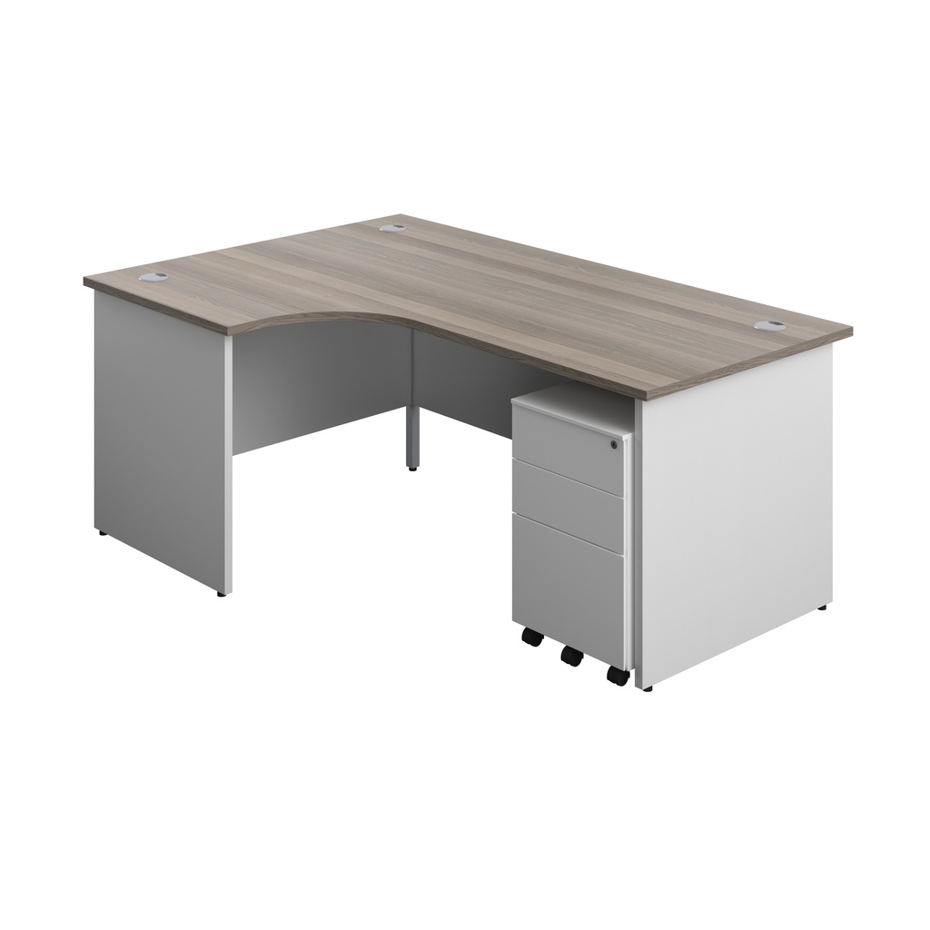 Panel Plus Left Radial Desk + 3 Drawer Steel Mobile Pedestal Bundle (FSC) | 1800X1200 | Grey Oak/White | 