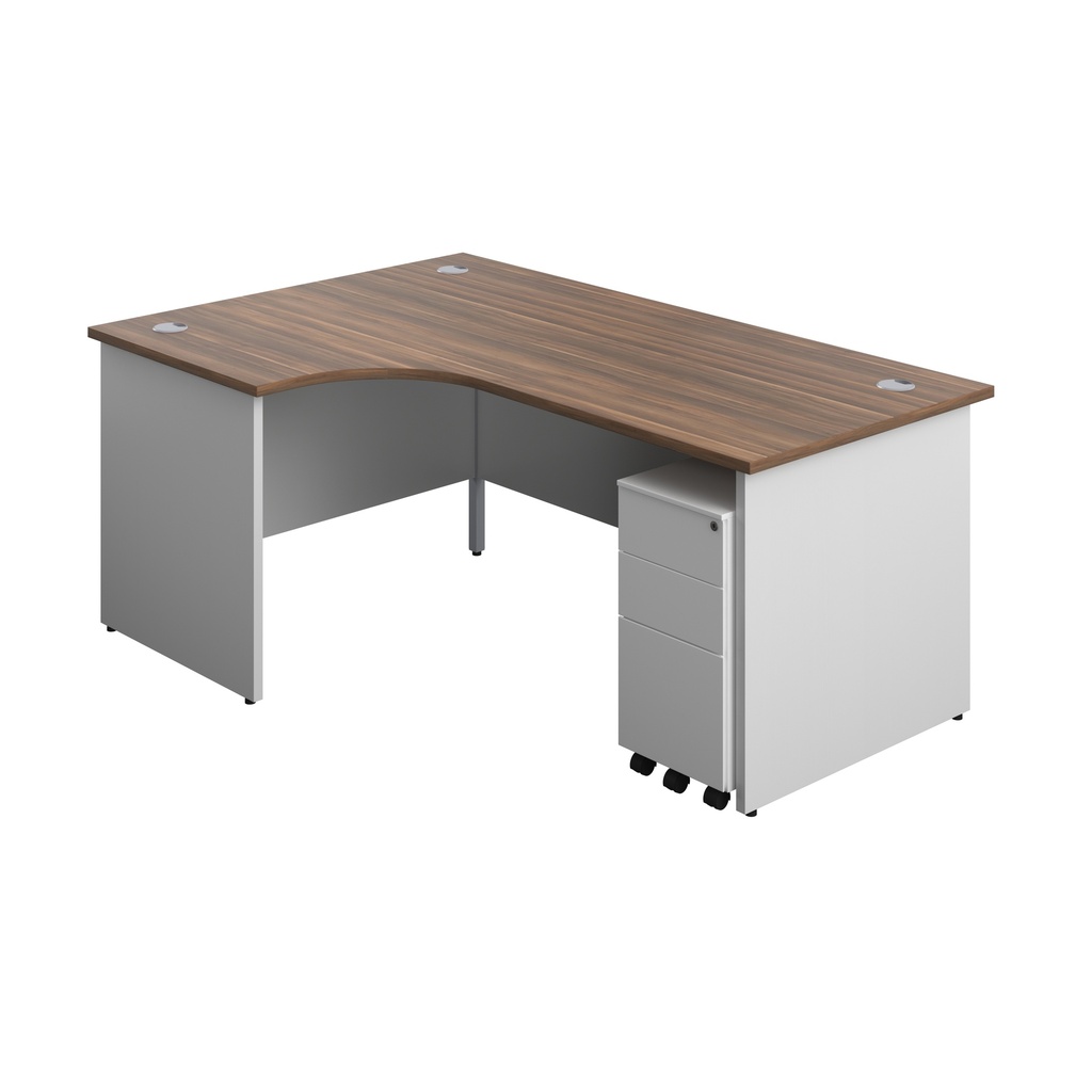 Panel Plus Left Radial Desk + 3 Drawer White Slimline Steel Mobile Pedestal Bundle (FSC) | 1800X1200 | Dark Walnut/White | 