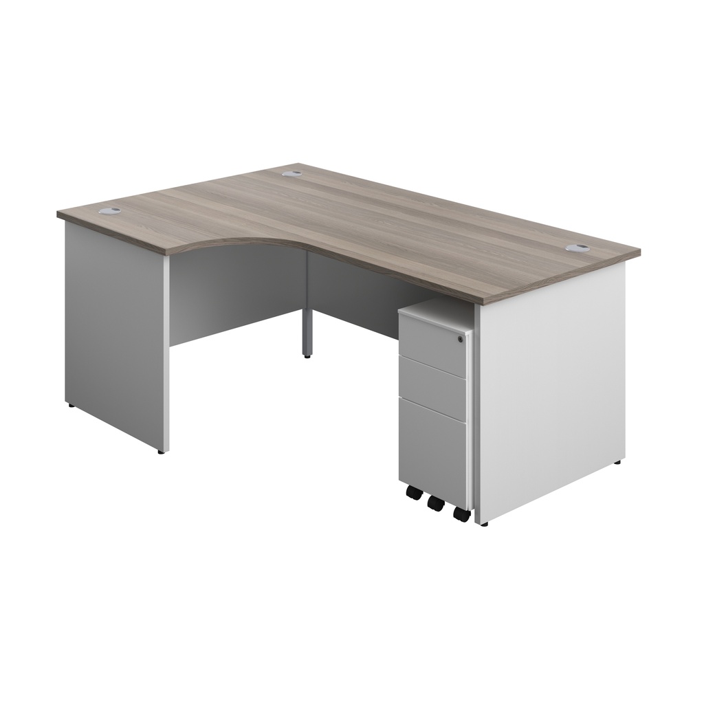 Panel Plus Left Radial Desk + 3 Drawer White Slimline Steel Mobile Pedestal Bundle (FSC) | 1800X1200 | Grey Oak/White | 