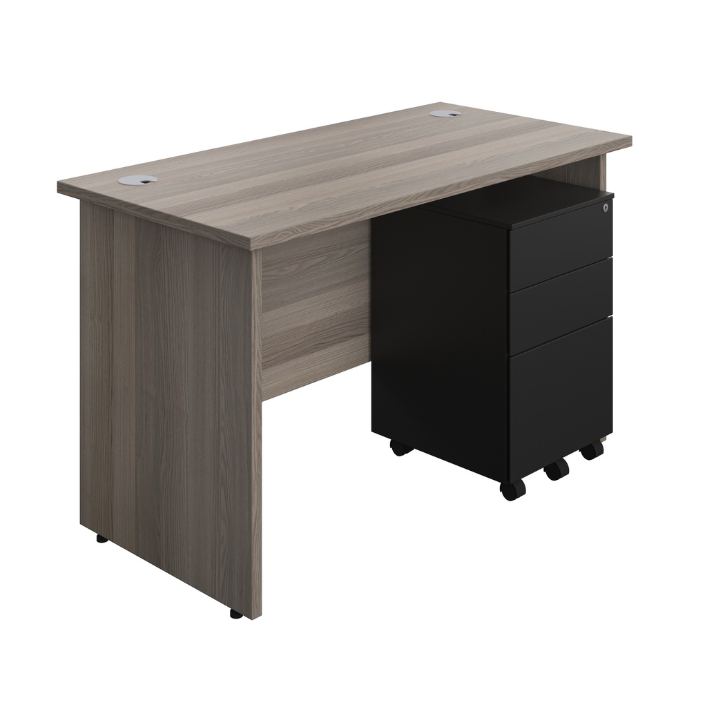 Panel Rectangular Desk + 3 Drawer Steel Pedestal Bundle (FSC) | 1200X600 | Grey Oak/Black | 