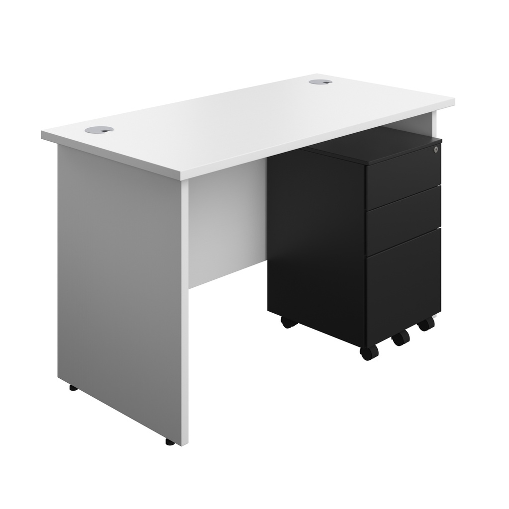 Panel Rectangular Desk + 3 Drawer Steel Pedestal Bundle (FSC) | 1200X600 | White/Black | 