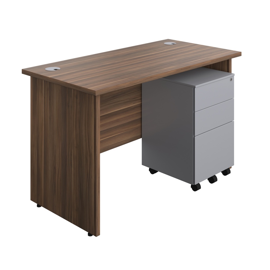 Panel Rectangular Desk + 3 Drawer Steel Pedestal Bundle (FSC) | 1200X600 | Dark Walnut/Silver | 