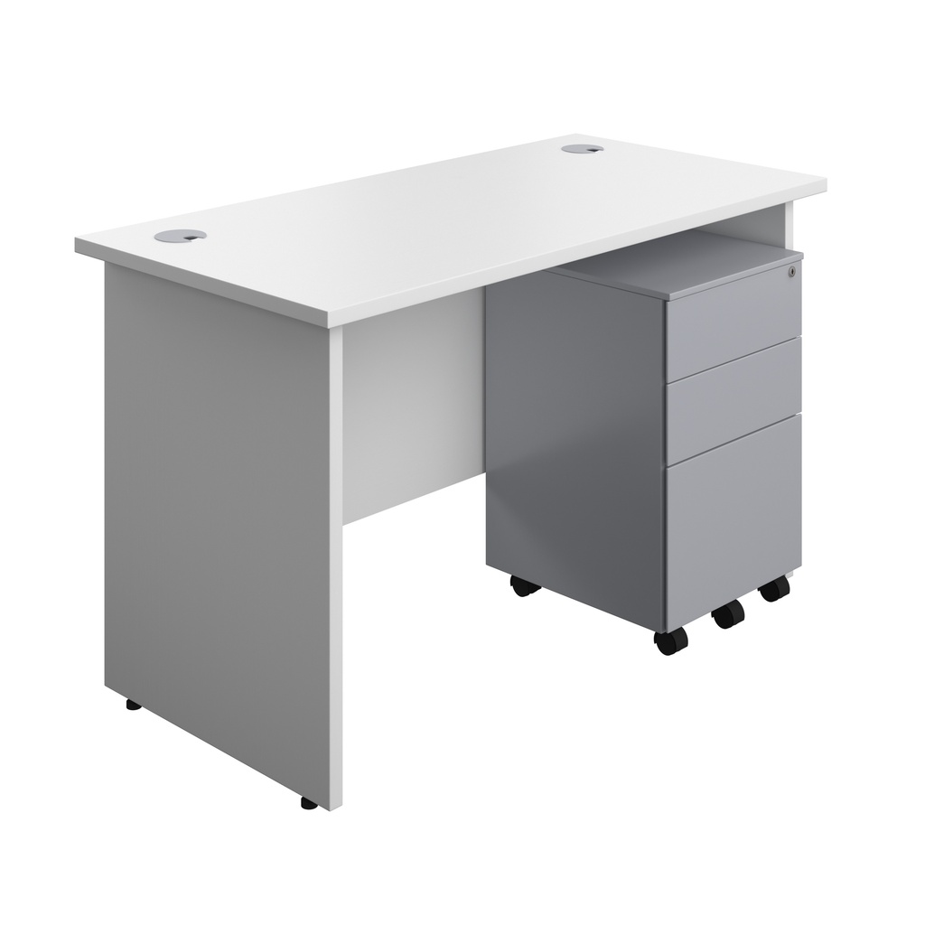 Panel Rectangular Desk + 3 Drawer Steel Pedestal Bundle (FSC) | 1200X600 | White/Silver | 