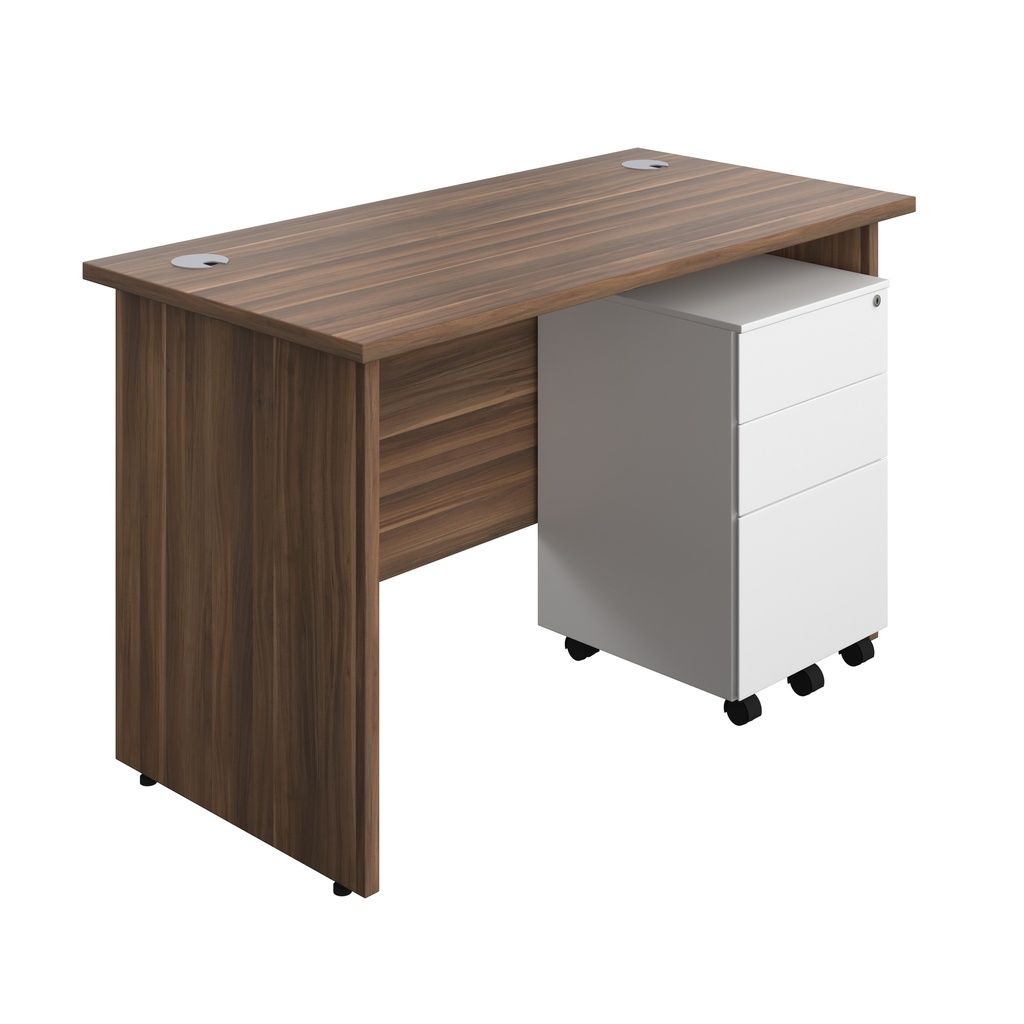 Panel Rectangular Desk + 3 Drawer Steel Pedestal Bundle (FSC) | 1200X600 | Dark Walnut/White | 