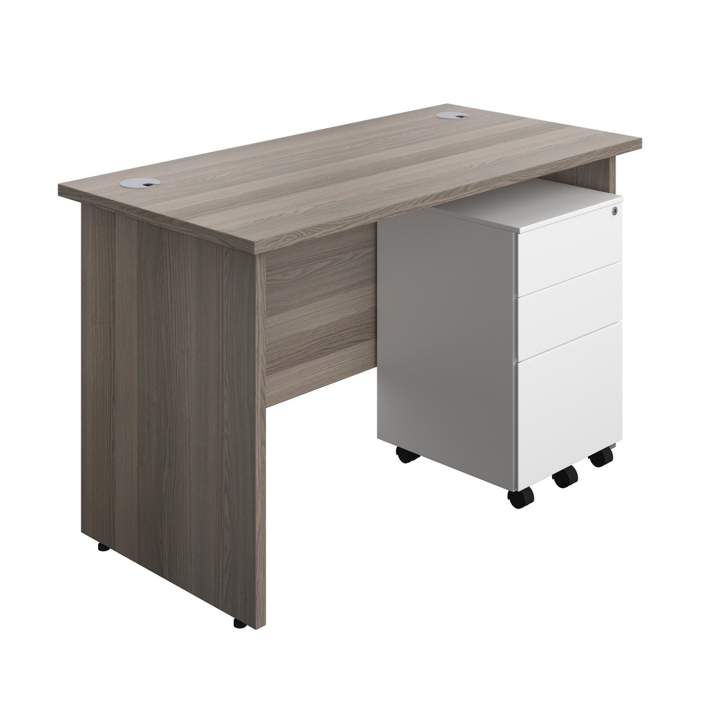 Panel Rectangular Desk + 3 Drawer Steel Pedestal Bundle (FSC) | 1200X600 | Grey Oak/White | 