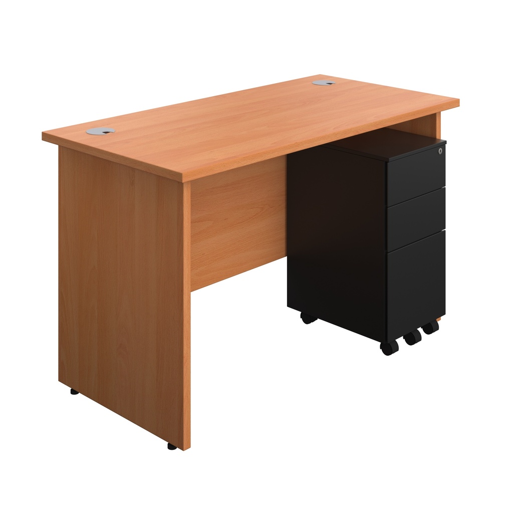 Panel Rectangular Desk + 3 Drawer Slimline Steel Pedestal Bundle (FSC) | 1200X600 | Beech/Black | 
