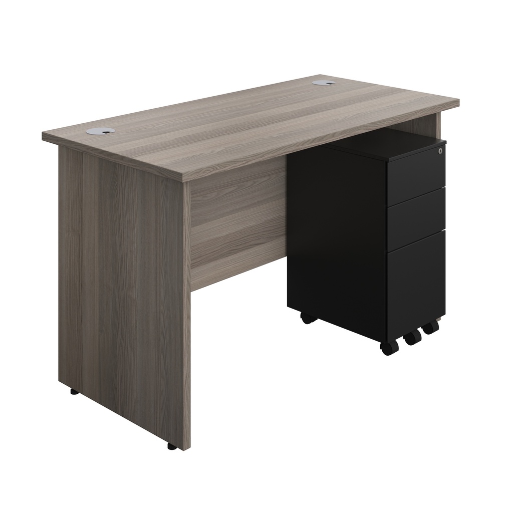 Panel Rectangular Desk + 3 Drawer Slimline Steel Pedestal Bundle (FSC) | 1200X600 | Grey Oak/Black | 