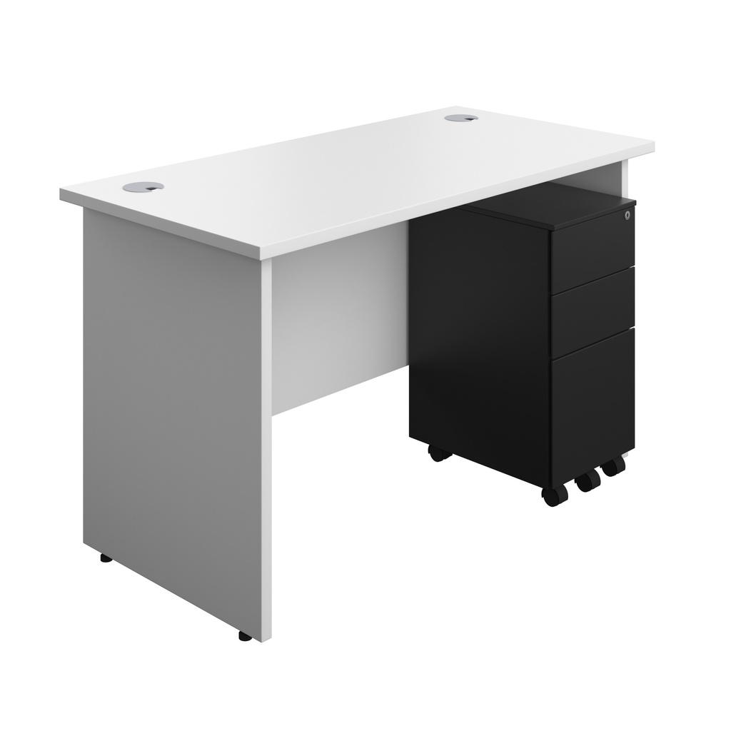 Panel Rectangular Desk + 3 Drawer Slimline Steel Pedestal Bundle (FSC) | 1200X600 | White/Black | 