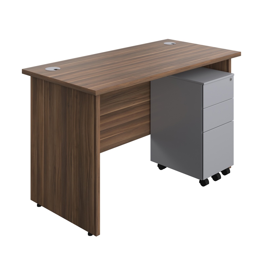 Panel Rectangular Desk + 3 Drawer Slimline Steel Pedestal Bundle (FSC) | 1200X600 | Dark Walnut/Silver | 