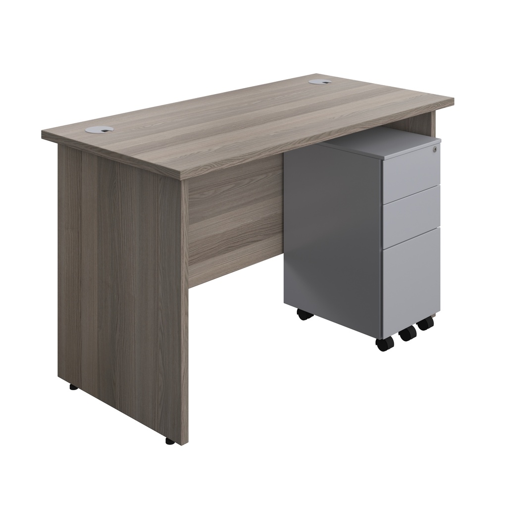 Panel Rectangular Desk + 3 Drawer Slimline Steel Pedestal Bundle (FSC) | 1200X600 | Grey Oak/Silver | 