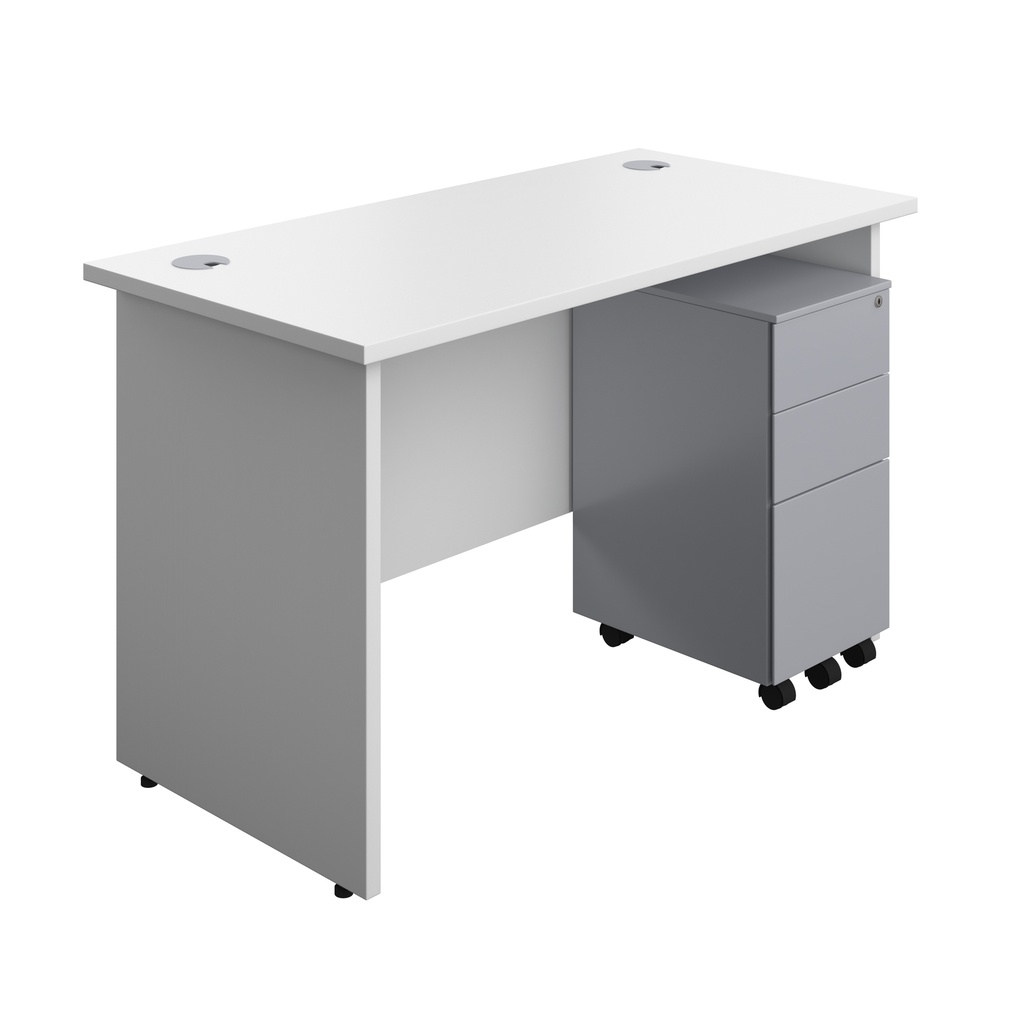 Panel Rectangular Desk + 3 Drawer Slimline Steel Pedestal Bundle (FSC) | 1200X600 | White/Silver | 